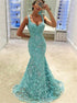 Mermaid Straps Sweep Train Turquoise Tulle Prom Dress with Appliques LBQ2504